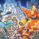 Two Pokémon, Lucario and Magmortar, square off over a map of the Grand Underground.